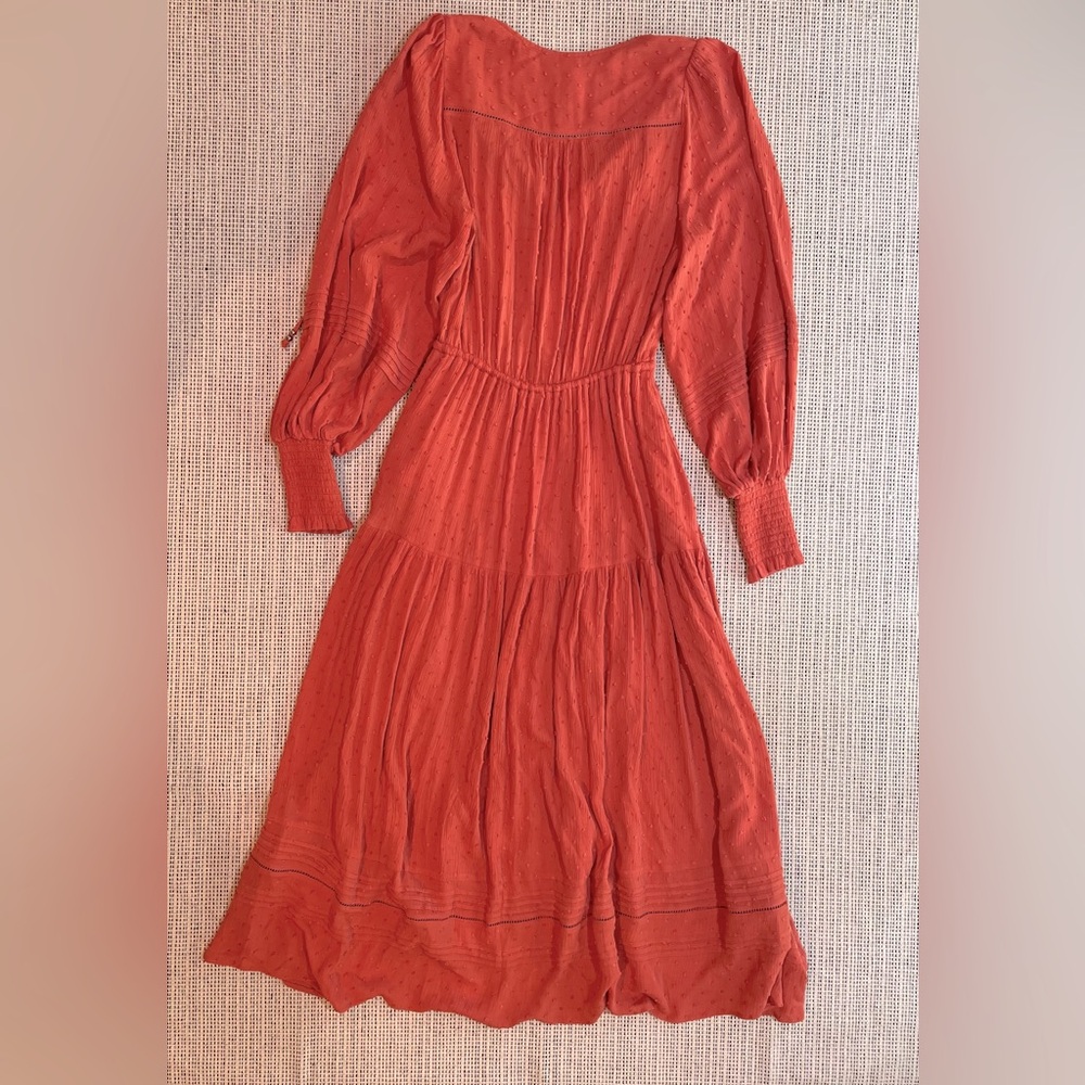 Kivari Boho Maxi Dress Rusty Orange Red Balloon Sleeve Tiered Pockets Size 6 - Picture 6 of 14